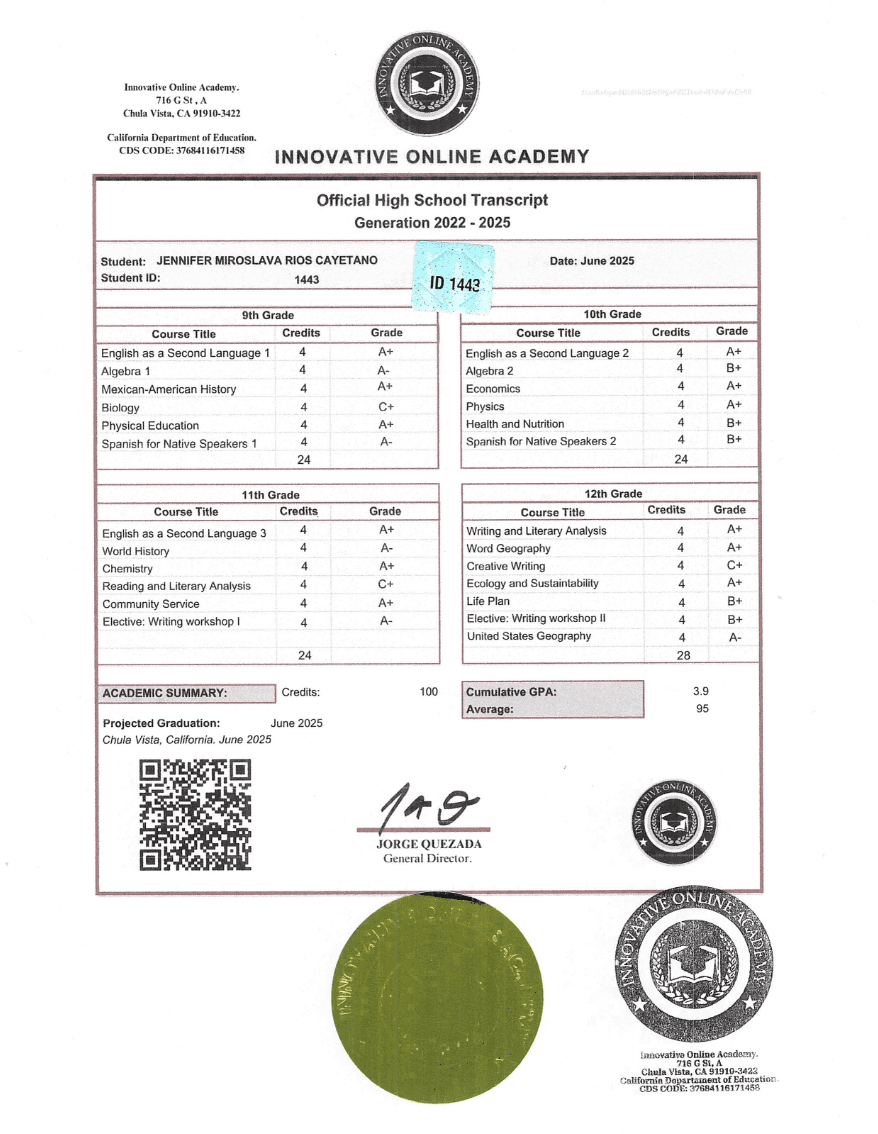 Certificado de Innovative Online Academy (California, Estados Unidos)